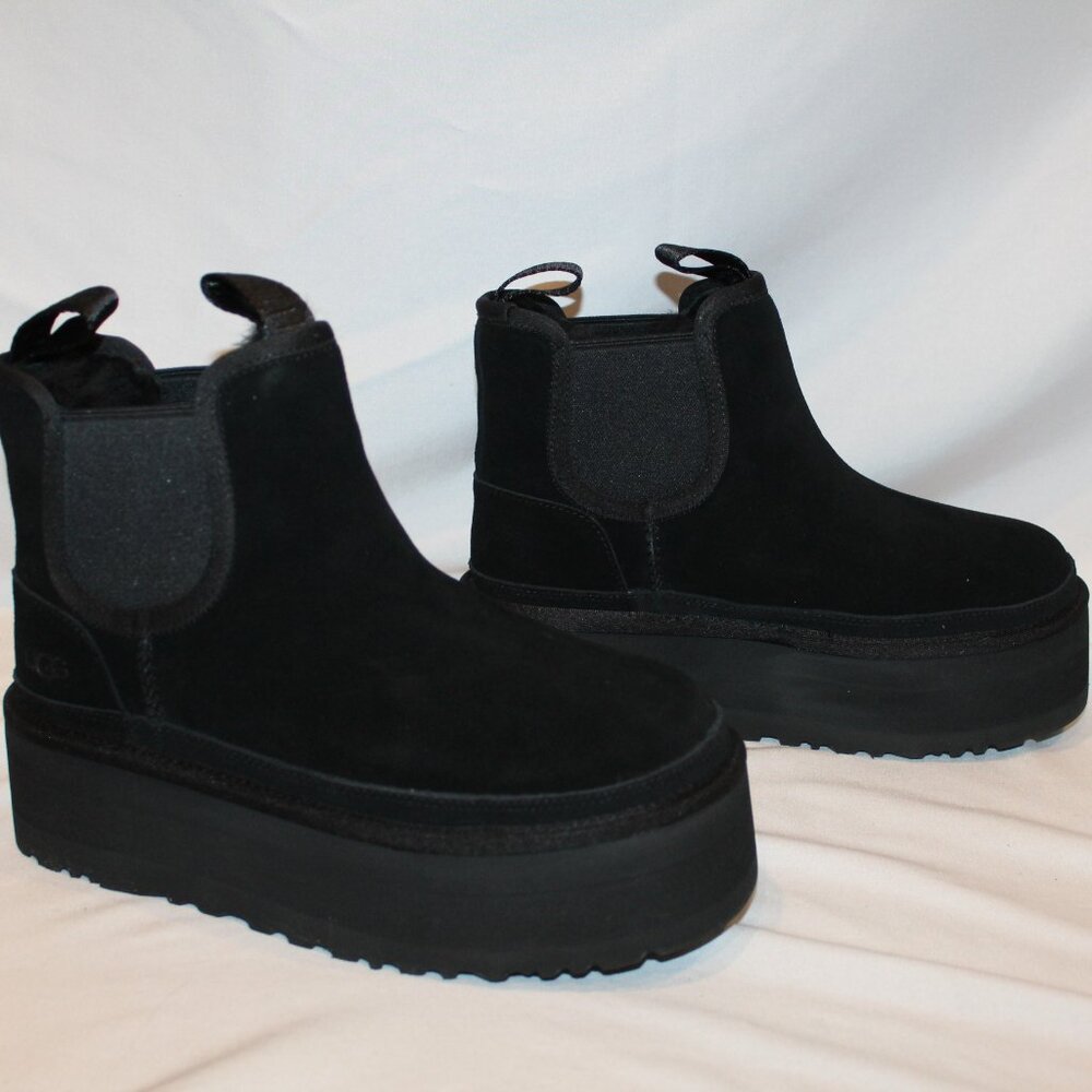 UGG WOMEN'S NEUMEL PLATFORM‎ SUEDE SHEARLING LINED ANKLE BOOTS BLACK - Picture 2 of 8